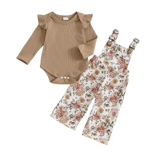 Lucikamy Newborn Baby Girl Fall Outfits Ribbed Long Sleeve Rompers Suspender Overalls Pants Sets Infant 2Pcs Clothes - Image 1