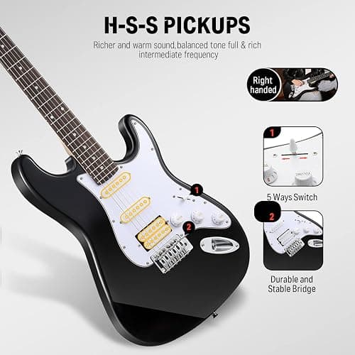 Donner DST-100B 39 Inch Electric Guitar Beginner Kit Solid Body Full Size Black HSS for Starter, with Amplifier, Bag, Digital Tuner, Capo, Strap, String,Cable, Picks - Black - 39" Right Handed thumbnail 4