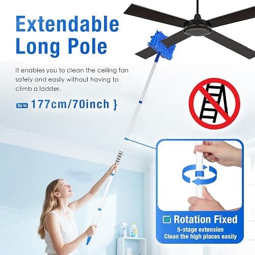 Ceiling Fan Cleaner Duster with 72" Extension Pole & 4 Reusable Pads, High Ceiling Fan Blade Cleaning Tool, Flexible Microfiber Duster for Baseboard,Blinds,Cobwebs,Floor, -Lightweight & Washable thumbnail 3
