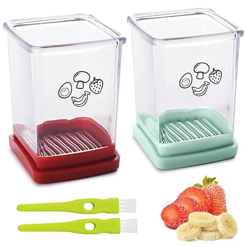 2 Pcs Cup Slicer, Stainless Steel Strawberry & Banana Slicer, Speed Fruit Cutter with Push Plate, Quickly Making Salad, Must Have Kitchen Gadget (Cyan+Red) - Image 1