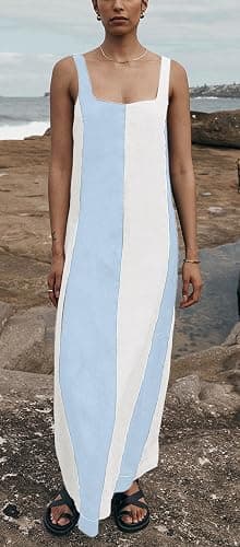 CHARTOU Women Summer Sleeveless Linen Dress Contrast Color Maxi Long Beach Vacation Tank Dress thumbnail 2