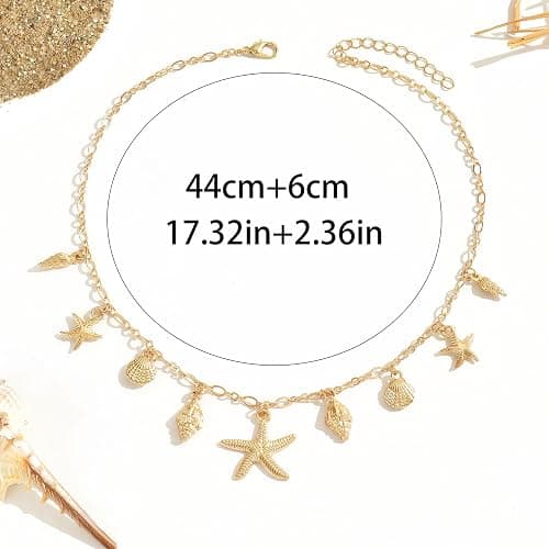 Shell Starfish Necklace for Women, 14k Gold Plated Boho Layered Beaded Charm Pendant Necklace, Dainty Adjustable Pearl Conch Summer Beach Vacation Jewelry Gifts thumbnail 7