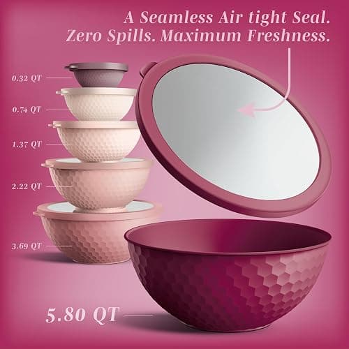 COOK WITH COLOR Mixing Bowls with Lids - 12 Piece Plastic Nesting Bowls Set includes 6 Prep Bowls and 6 Lids, Non Slip Bottom and Embossed Design - Microwave Safe (Rose) thumbnail 3