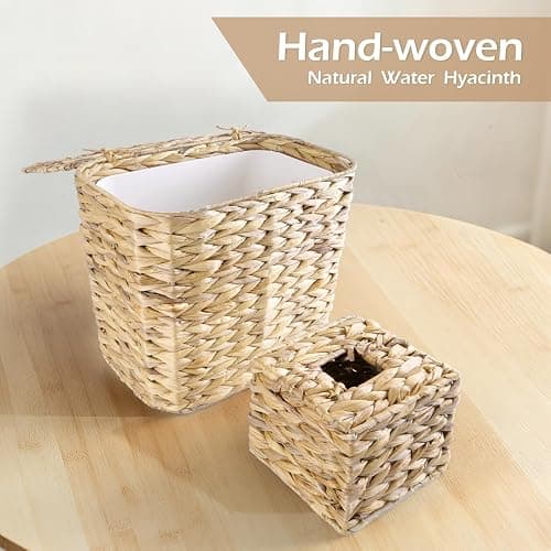 ARQRHTLY Wicker Trash Can and Handwoven Tissue Box Cover Set Rattan Waste Basket with Lid and Liner Boho Decorative Water Hyacinth Square Napkin Box Holder for Bathroom Bedroom Kitchen Living Room thumbnail 4