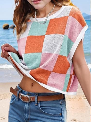 Putysenxi Girls Spring Crop Tops 2026 Summer Sweaters Cute Cap Sleeve Colorblock Loose Teen Top School Picture Outfits thumbnail 4
