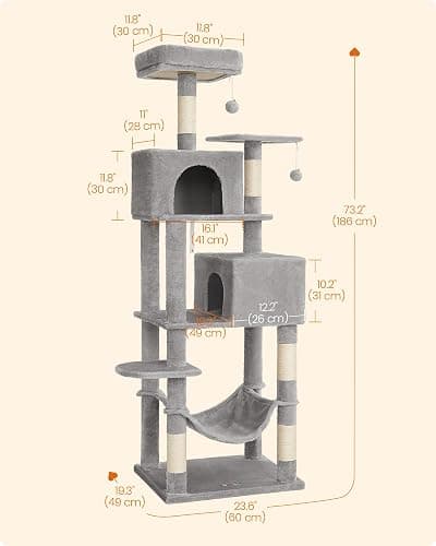 Feandrea Cat Tree, 73.2-Inch Tall Cat Tower, Plush Multi-Level Condo with 5 Scratching Posts, 2 Perches, 2 Caves, Hammock, 2 Pompoms, Light Gray UPCT191W01 thumbnail 5