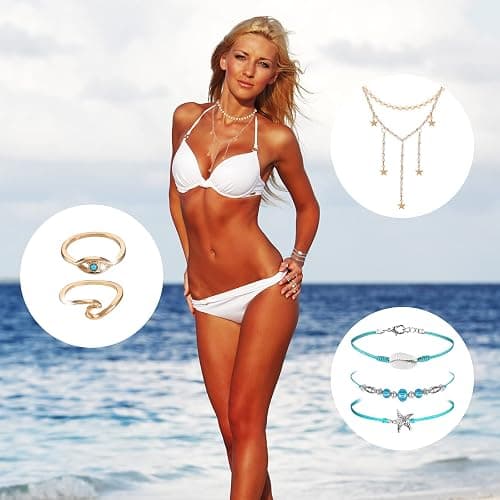 Batiyeer 60 Pcs Boho Surfer Wave Bracelet and Necklace Set for Women, Summer Beach Y2k Layered Choker Anklets Knuckle Rings thumbnail 5