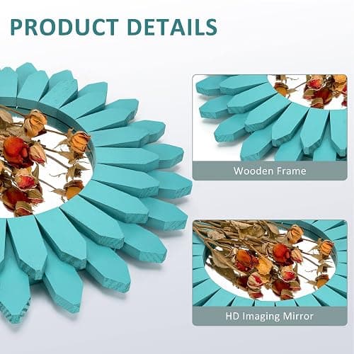 Honiway Beach Wall Decor Mirror 12 inch Wood Coastal Wall Decor Sunburst Boho Home Decor Room Decor for Bedroom Living Room Bathroom Cyan thumbnail 5