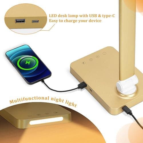 LED Desk Lamp with USB Ports,Touch Desk Lamps for Home Office with 5 Color Modes,3 Brightness Desk Light with Small Night Light,Reading Lamp Table Lamp for Bedroom Bedside Study Gold （with Adapter） thumbnail 4