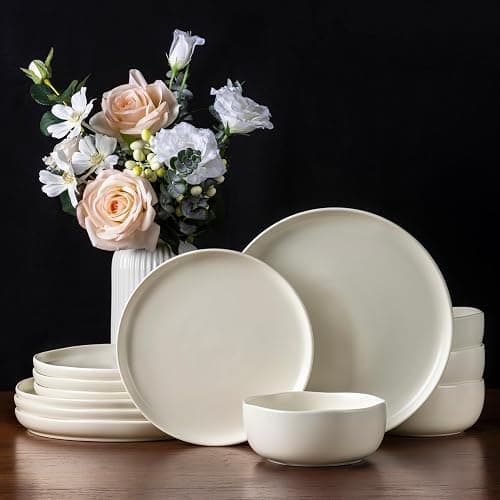 AmorArc Stoneware Dinnerware Sets, Wavy Rim Ceramic Plates and Bowls Sets, Highly Chip and Crack Resistant | Dishwasher & Microwave & Oven Safe Dishes set, Service for 4 (12pc) - Image 1