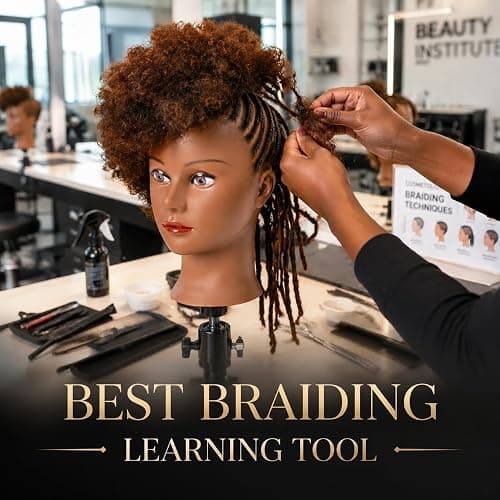 African Mannequin Head with 100% Human Hair Mannequin Head Curly Cosmetology Manican Mannequins Heads with Stand for Display Practice Braiding Styling Training Head Hair Styling thumbnail 4