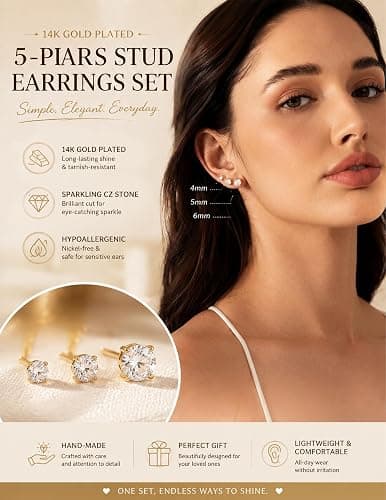 5 Pairs 14K Gold Plated Stud Earrings for Women, CZ Multiple Piercing Set | Hypoallergenic CZ Stud Earrings Set, 3-7mm Cubic Zirconia, Lightweight Comfortable Studs, Non Tarnish Jewelry, Gift for Women thumbnail 3