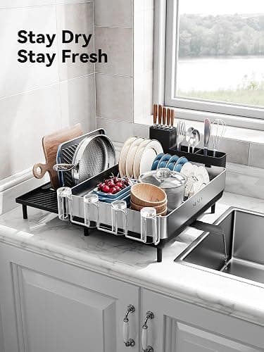 SUNLY Large Dish Drying Rack, Expandable Dish Racks for Kitchen Counter, Space Saving 304 Stainless Steel Drying Rack Kitchen, Extra Large Drainer with Multifunctional Flip Up Pegs, Black thumbnail 8