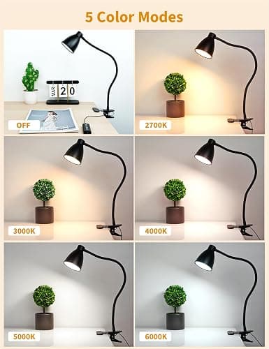 BOHON Desk Lamp 5 Color Modes 10 Brightness Dimmer Reading Light 10W 38 LED Clamp Lamp with Auto Off Timer 360° Flexible Neck Clip on Light for Bed Bedside, AC Adapter Include thumbnail 2