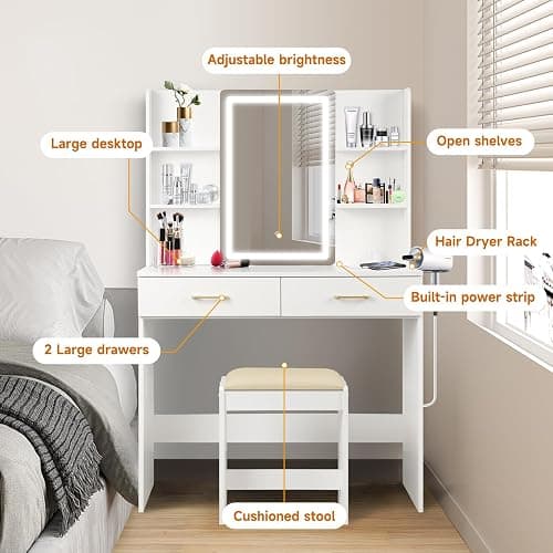 QUALIKRAFT White Vanity Set with LED Mirror & Stool, Makeup Desk with Built-in Power Outlet (2 AC & 2 USB), 2 Large Drawers & 6 Shelves, Lighted Dressing Table for Bedroom Organization thumbnail 3