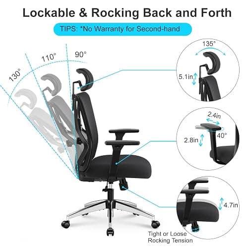Ticova Ergonomic Office Chair - High Back Desk Chair with Adjustable Lumbar Support, Headrest & 3D Armrest thumbnail 2