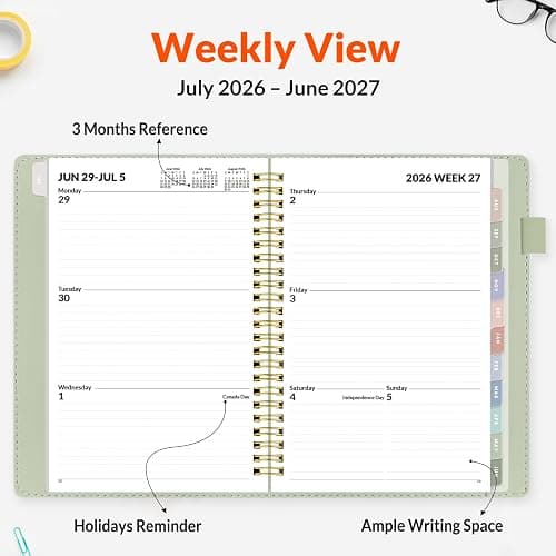 SUNEE 2026-2027 Weekly & Monthly Planner 6.4"x8.5" - 12 Month (July 2026 - June 2027), Vegan Leather Cover Planner Academic Year Calendar, Pocket, Notes, Monthly Tab, Green thumbnail 4