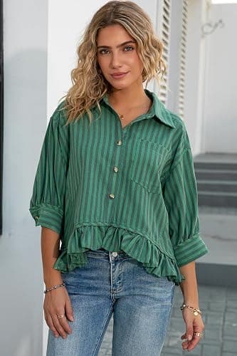 CHYRII Womens Summer Tops Dressy Casual Blouse Top Ruffled Short Sleeve Button Down Striped Shirt thumbnail 5