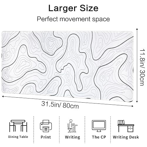 Large Gaming Mouse Pad, Topographic Mouse Mat for Gaming Mousepad Office, Long XL Mouse Pads Keyboard Pad for Computer Laptop 31.5''x11.8'' Desk Mat (White) thumbnail 3