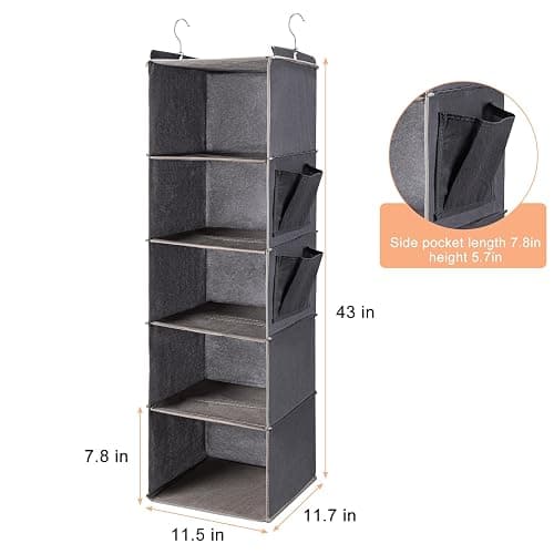 Hanging Closet Organize and Shelves，5-Hanging Shelf with 2 Side Pockets，Storage Foldable （Grey） thumbnail 3