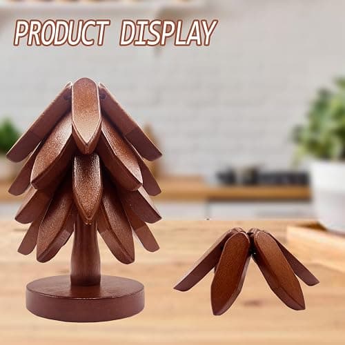 Wooden Trivets for Hot Dishes, Tree Shape Trivet Set, 4 Wooden Trivets + 1 Stand, Stackable Christmas Tree Design, Natural Foldable Kitchen Wooden Trivet, for Pans, Pot, Bowl, Teapot, Hot Pot Holder thumbnail 7