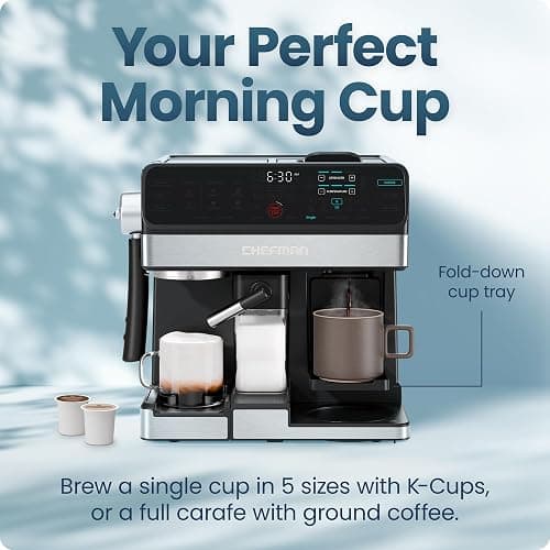 Chefman Coffee Maker Espresso Machine Combo, OmniBrew 8-in-1 Coffee Station with Automatic Milk Frother for Lattes, Cappuccinos, Macchiatos, 12-Cup Carafe and 3L Removable Water Tank - Black thumbnail 2