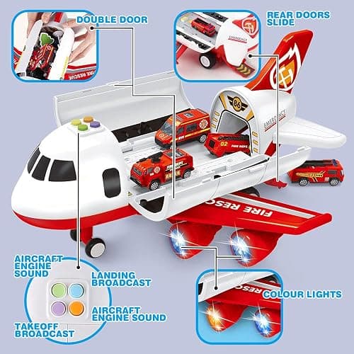 Dwi Dowellin Airplane Toy with Fire Truck Cars and Play Mat,Plane with Lights and Sounds for 3 + Years Old Boys and Girls thumbnail 4