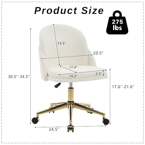 Faux Fur Desk Chair, Comfy Boucle Makeup Vanity Chair Modern Upholstered Fluffy Swivel Chair with Wheels Golden Metal Base, Height Ajdustable for Girls, Home Office Living Dressing Room Bedroom, White thumbnail 3