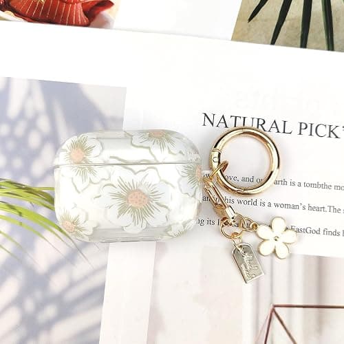 AIIEKZ Compatible with AirPods Pro Case Cover 2019, Soft TPU Case with Cute Flower Pattern for AirPods Pro 1st Generation Case with Flower Keychain and Carabiner for Girls Women (White) thumbnail 5