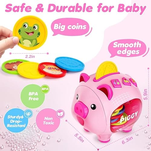 Musical Piggy Bank for Kids, 1 Year Old Learning Toy with Coin Recognition | Recognizes Coin Numbers and Colors with Music and Quiz Play; Pull-along Design Supports Early Learning and Motor Skills. thumbnail 3