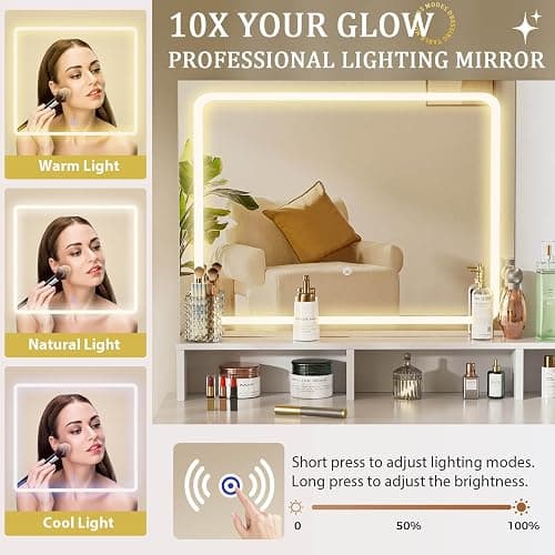 COMHOMA Vanity Desk with Mirror and Lights, Makeup Vanity Table with 4 Drawers & Storage Shelves, Large HD Mirror, 3 Color Modes & Adjustable Brightness, Modern Dressing Table for Bedroom, Pearl White thumbnail 4