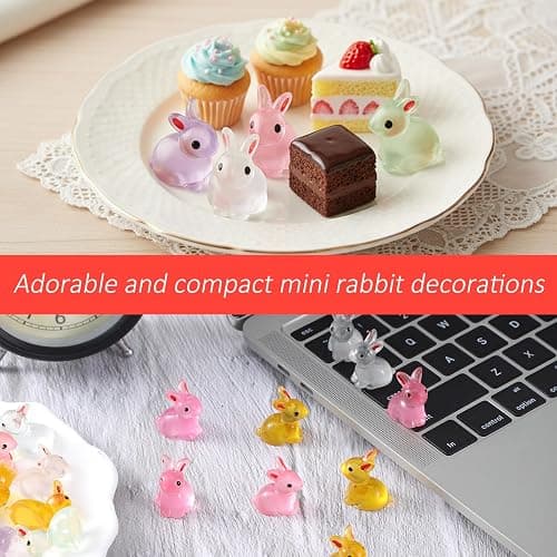 60Pcs Easter Luminous Mini Resin Bunny, Mini Resin Animal Figures Rabbits for Fairy Garden Dollhouse Decor Easter Egg Fillers Party Favors Supplies (6 Colors) thumbnail 7