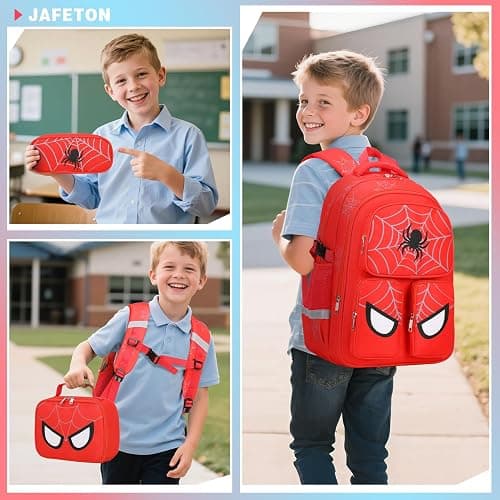 Jafeton School Backpack for Boys, 3 PCS Spider Boy Backpack Set with Lunch Box & Pencil Pouch, Waterproof Schoolbag for Boys Kids Children Teens, Elementary Middle School, Kids Bookbag Casual Daypack thumbnail 8
