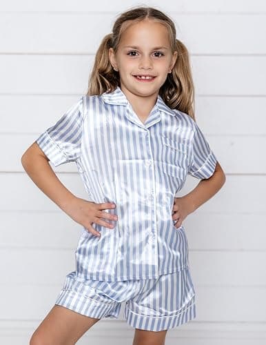 Arshiner Girls Pajamas Silk Satin Pajama Sleepwear Button Down Kids Pj Set | Soft Comfortable Silky Fabric, 2-Piece Pjs, Cute Pajamas for Little & Big Girls, Ideal for Lounging and Sleeping thumbnail 2