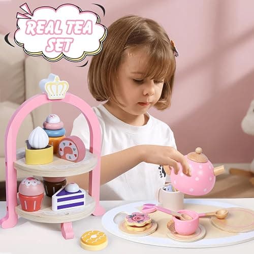 Wooden Tea Party Set for Little Girls, Toddler Girl Gifts Princess Tea Time Toys, Wooden Tea Set Tray Cake Dessert, Kids Kitchen Pretend Play, Birthday for Girls Age 2-5 Years Old thumbnail 2