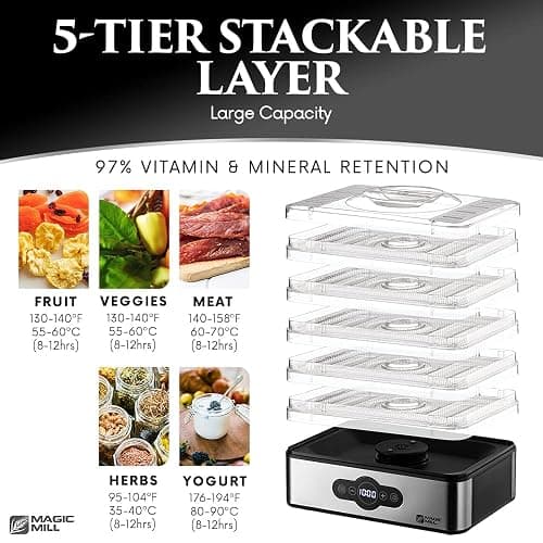 Magic Mill Food Dehydrator Machine | 5 Stackable Stainless Steel Trays Jerky Dryer with Digital Adjustable Timer & Temperature Control - Electric Food Preserver for Fruits, Veggies, Meats & Dog Treats thumbnail 6