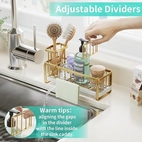 HapiRm Sponge Holder for Kitchen Sink - Self-draining Sink Caddy with Brush Holder and Dishcloth Holder, Stainless Steel Kitchen Organizer for Countertop - Gold thumbnail 6