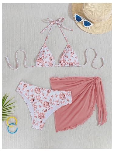 SHENHE Women's 3 Piece Polka Dots Floral Bikini Set with Wrap Coverup Halter Triangle Swimsuits thumbnail 3
