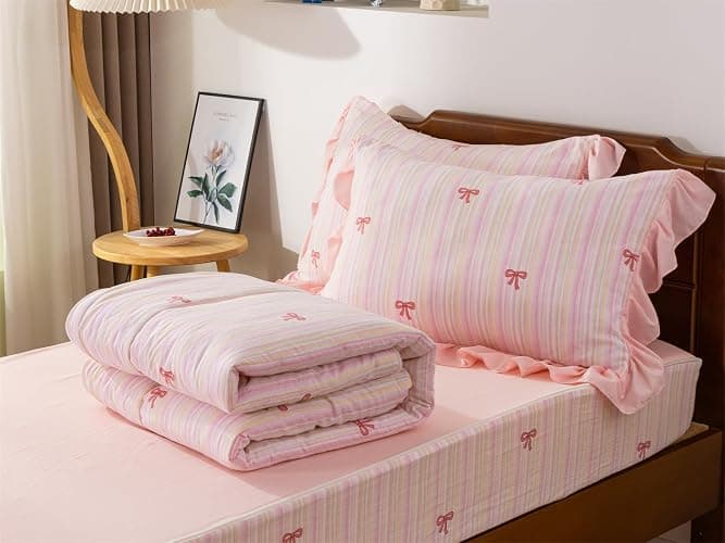 Aimuan Zipper Bedding Pink Bow Printed on Rainbow Comforter Set Set Bowknot Twin Princess Kids Zippered Bedding Set Ultra Soft (Pink-Colorful, Twin) thumbnail 8