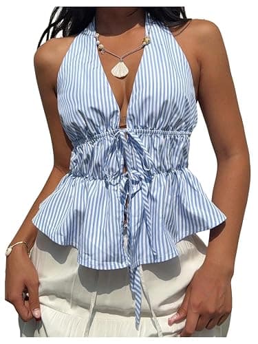 Milumia Women's Striped Tie Bow Front Halter Top Sleeveless Ruched Ruffle Hem Tank Tops - Image 1