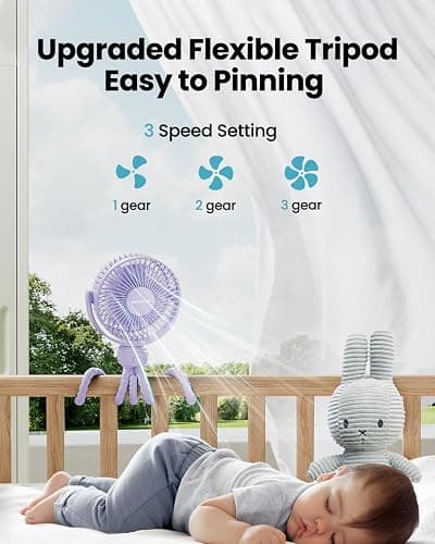 Gaiatop Mini Electric Fan with 360 Rotation, 5.5mm Gaps, Rechargeable Battery, 3 Speeds, Purple | Battery Operated Detachable, 3 Speed Rechargeable, 360° Rotate Flexible Tripod, Cooling for Car Seat Crib Treadmill Travel thumbnail 4