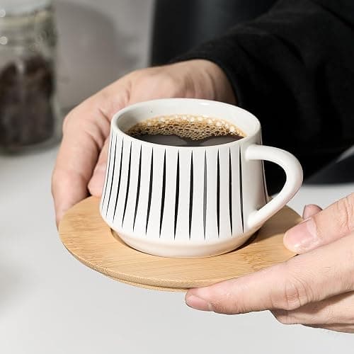LUKA Ceramic Coffee Espresso Cups with Saucers Set with Metal Holder, 4 oz Porcelain Demitasse Cups For Tea, Espresso, Latte, Coffee, Cafe Mocha, Set of 6, White thumbnail 5