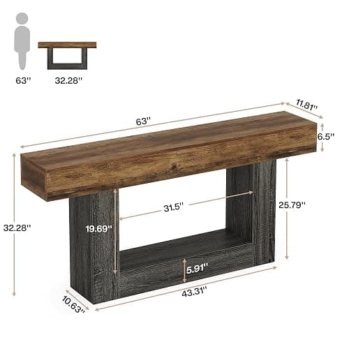 Tribesigns 63" Console Table, 2-Tier Entryway Table with U-Shaped Base | Narrow Long Sofa Table Behind Couch Table for Living Room, Hallway, Vintage Brown & Gray thumbnail 2