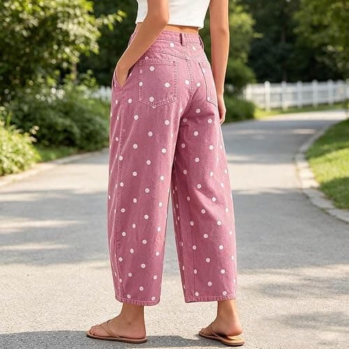 XUIXNW Womens Polka Dot Barrel Jeans 2026 Fall High Waisted Wide Leg Casual baggy Stretchy Denim Pants with Pockets thumbnail 4