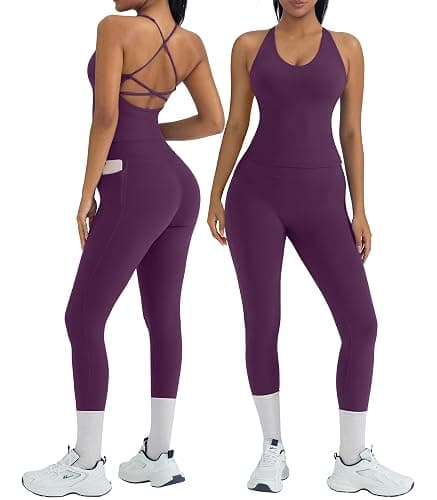 OMKAGI 2 Piece Workout Sets for Women Padded Workout Tops Booty Leggings with Pockets Gym Sets - Image 1