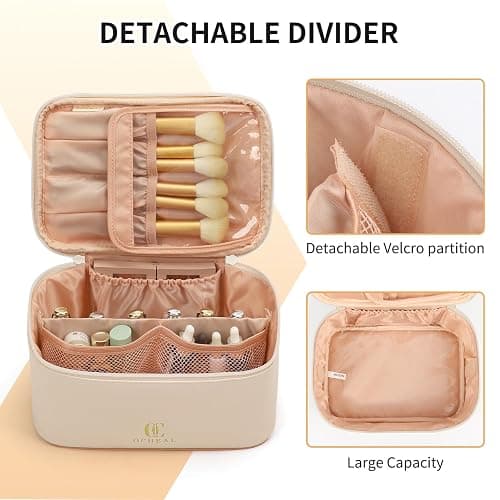 OCHEAL Beige Makeup Bag,Travel Makeup Organizer Bag, Large Capacity Cosmetic Bags For Women Large Travel Toiletry Bag Girls Traveling With Brush Slot And Divider-White thumbnail 2