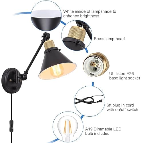 TRLIFE Wall Sconce Plug in, Dimmable Wall Sconces Swing Arm Wall Lights with Plug in Cord, Wall Mounted Light with Dimmer On/Off Knob Switch, UL Listed(2 Pack, 2 Bulbs Included) - Black - 2 Pack thumbnail 3