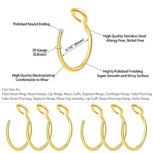 VELCARE Nose Rings Hoops Nose Piercings Fake Nose Ring Fake Lip Ring Fake Piercings Nose Hoop Nose Rings for Women Men Nose Ring Hoop Nose Piercing Jewelry thumbnail 2