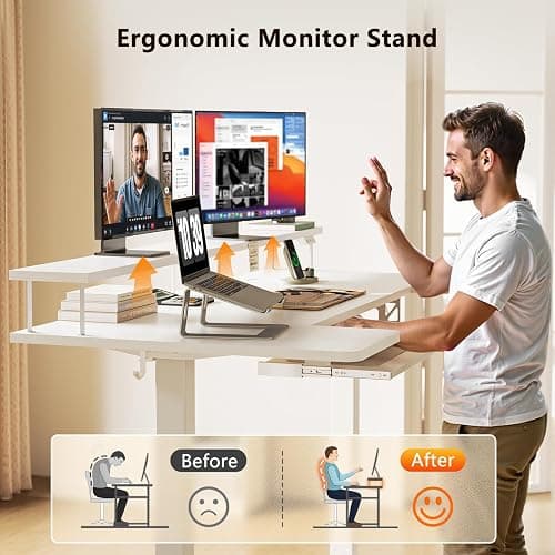 OffiGo U Shaped Electric Standing Desk with Keyboard Tray, 55 Inch Height Adjustable Desk with Power Outlets & LED Lights, Sit Stand Table with Monitor Stand for Home, Office, White thumbnail 6
