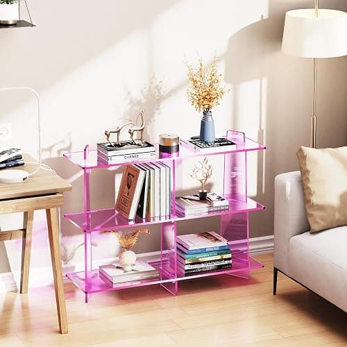 solaround Acrylic Bookshelf, Small 3 Tier Open Bookcase for Small Spaces,Sofa Table, Hallway Entry Table for Home Living Room (Pink, 39.4'' x 11.8'' x 31.5'') thumbnail 5